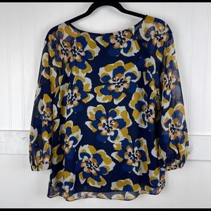 Cabi Women's Large Shirt Top Sheer Lined Blue Yellow Flowers Button Cuff